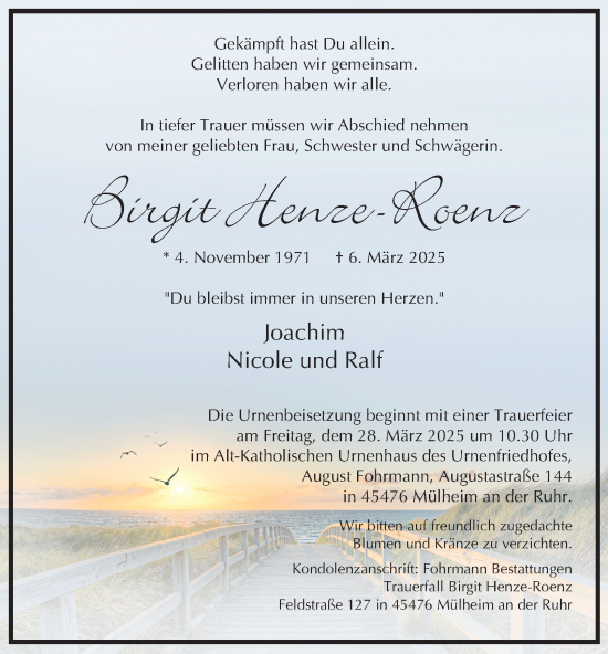 Traueranzeige von Birgit Henze-Roenz von Tageszeitung