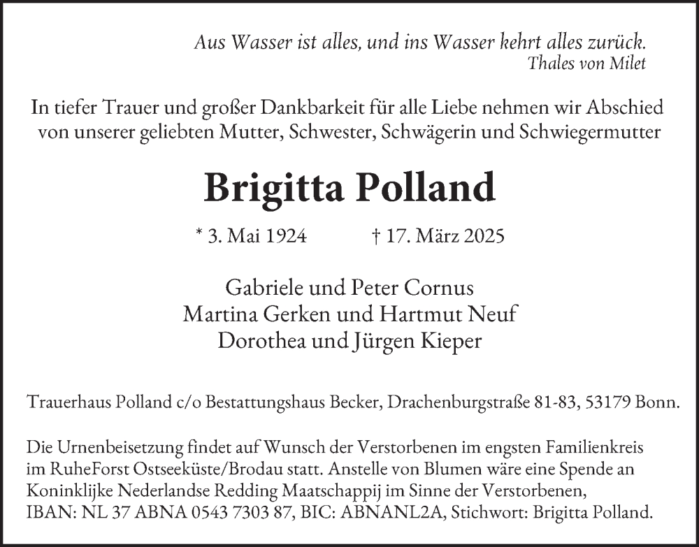  Traueranzeige für Brigitta Polland vom 29.03.2025 aus Tageszeitung