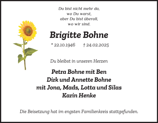 Traueranzeige von Brigitte Bohne von Tageszeitung