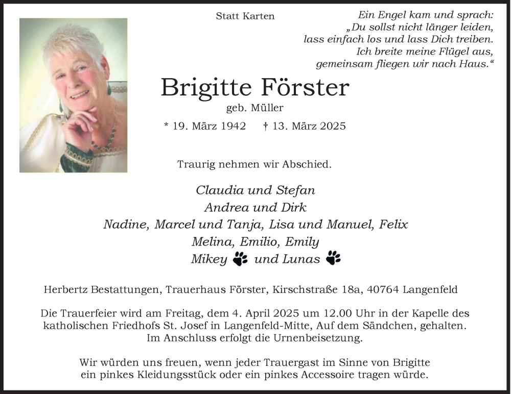  Traueranzeige für Brigitte Förster vom 22.03.2025 aus Tageszeitung