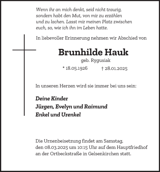 Traueranzeige von Brunhilde Hauk von Tageszeitung
