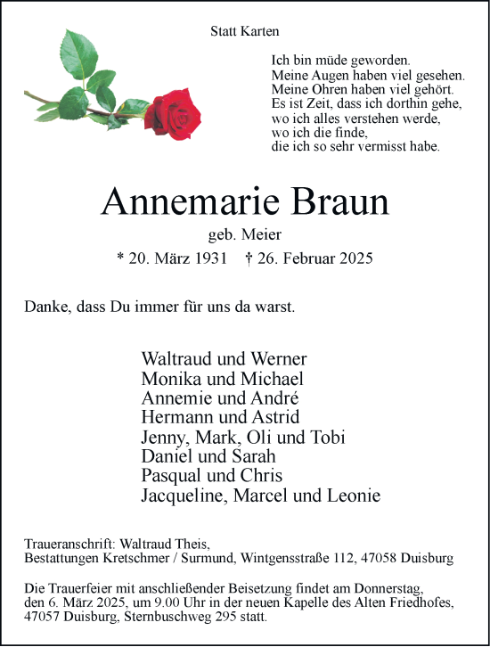 Traueranzeige von Annemarie Braun von FUNKE Medien NRW GmbH