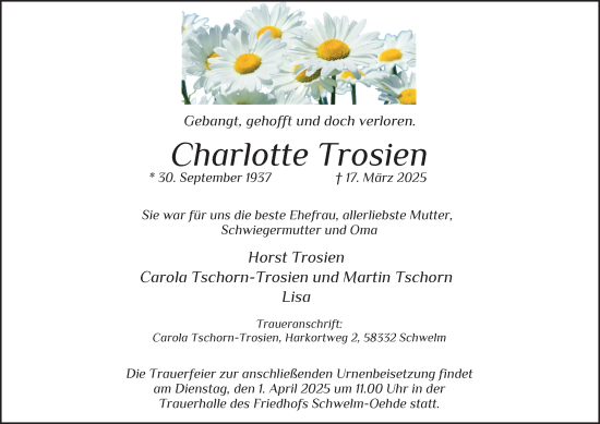 Traueranzeige von Charlotte Trosien von Tageszeitung