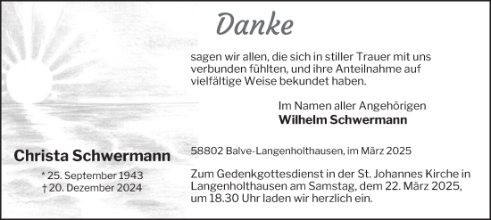 Traueranzeige von Christa Schwermann von Tageszeitung