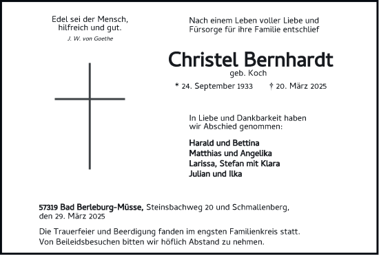 Traueranzeige von Christel Bernhardt von Tageszeitung