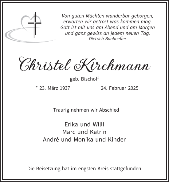Traueranzeige von Christel Kirchmann von Tageszeitung
