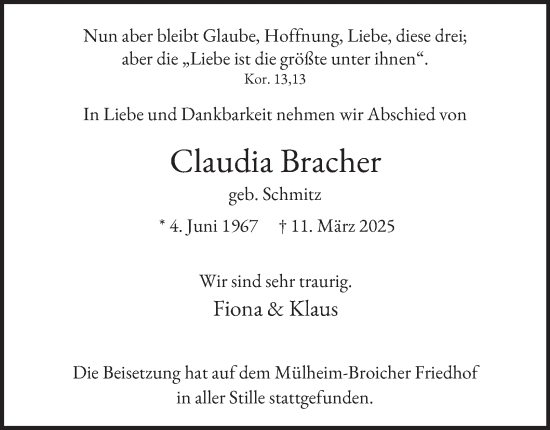 Traueranzeige von Claudia Bracher von Tageszeitung
