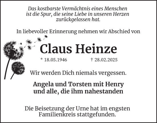 Traueranzeige von Claus Heinze von Tageszeitung