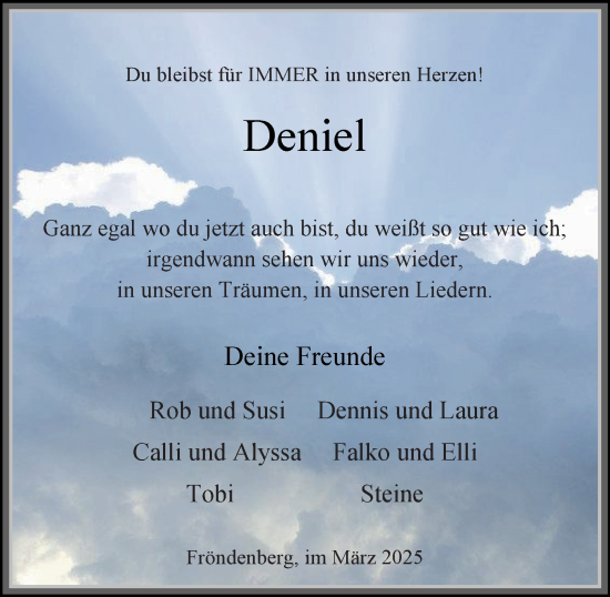 Traueranzeige von Deniel  von Tageszeitung