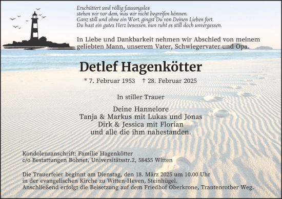 Traueranzeige von Detlef Hagenkötter von Tageszeitung