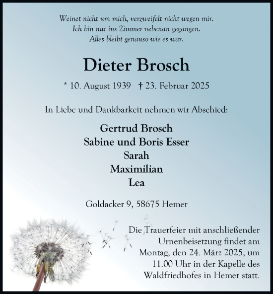 Traueranzeige von Dieter Brosch von Tageszeitung