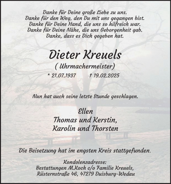 Traueranzeige von Dieter Kreuels von Tageszeitung