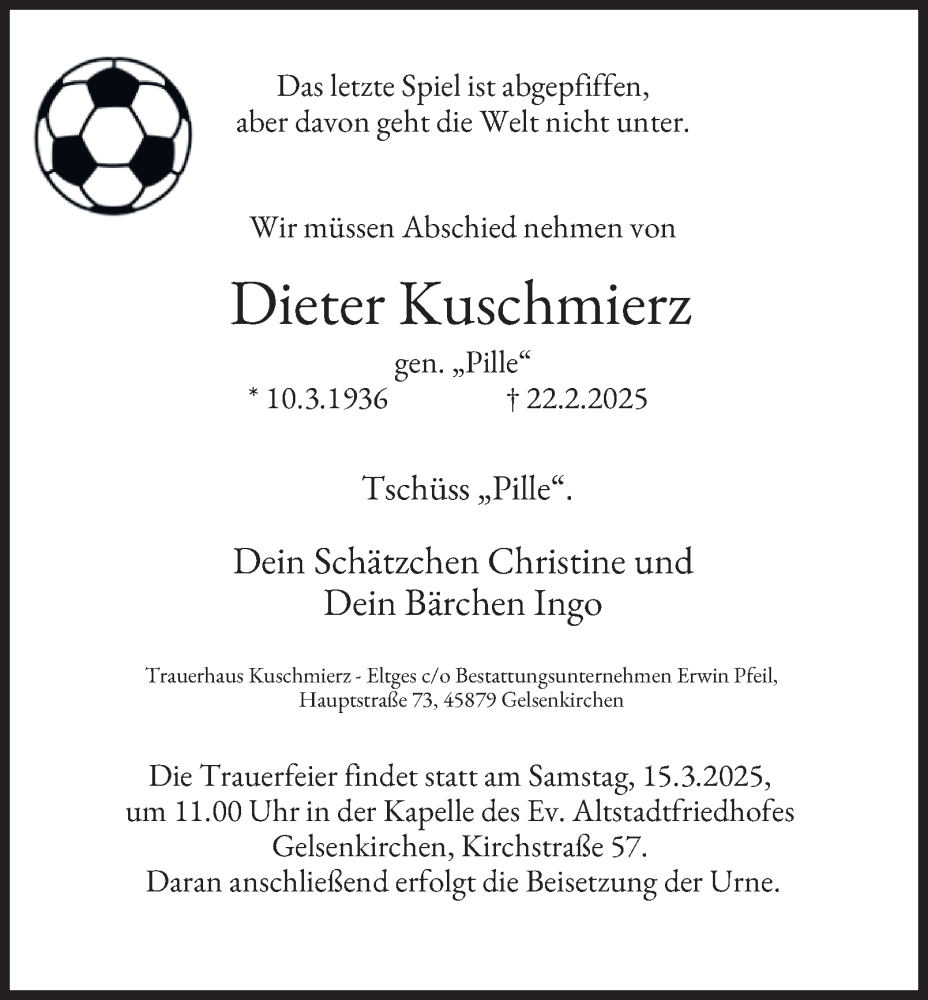  Traueranzeige für Dieter Kuschmierz vom 08.03.2025 aus Tageszeitung