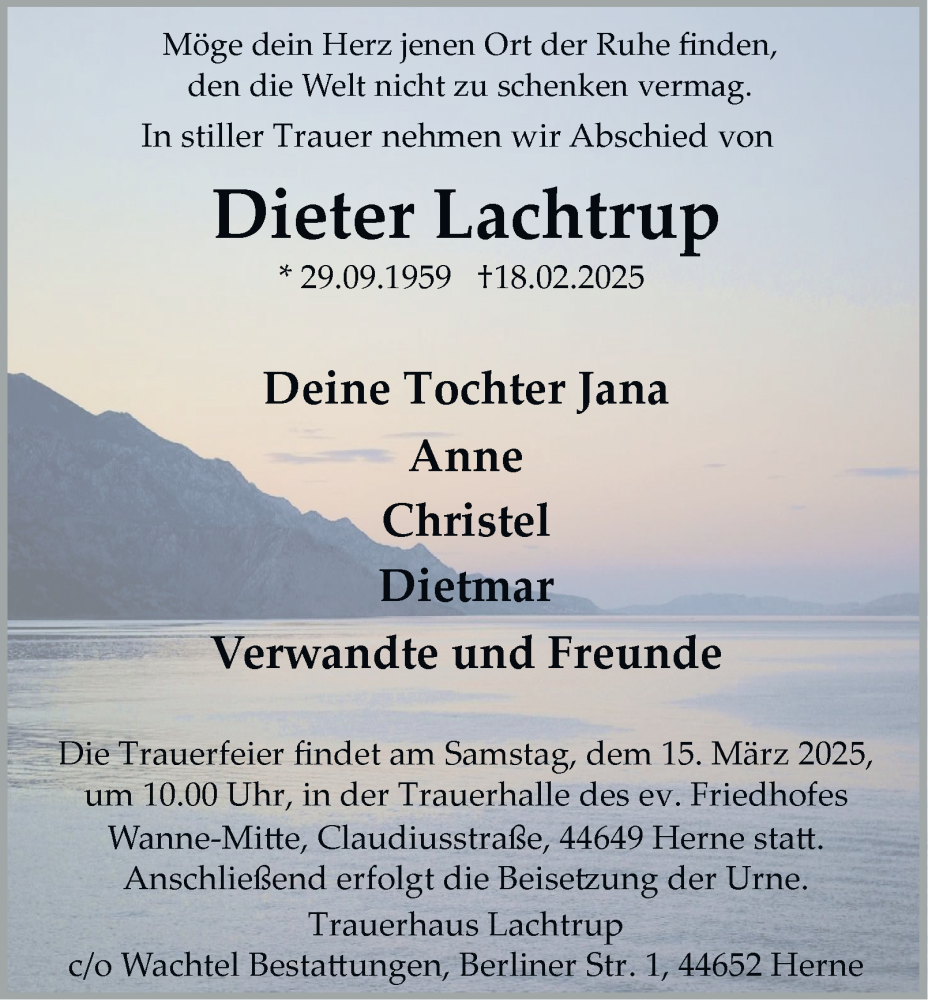  Traueranzeige für Dieter Lachtrup vom 08.03.2025 aus Tageszeitung