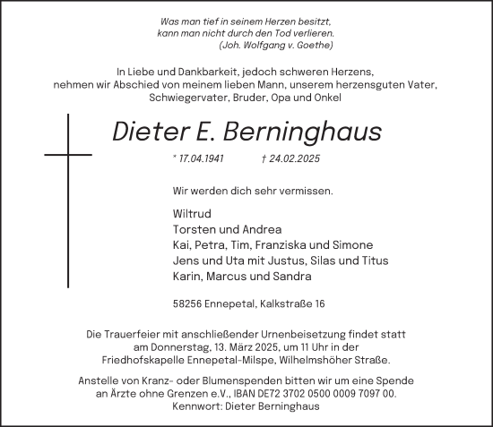 Traueranzeige von Dieter E. Berninghaus von Tageszeitung