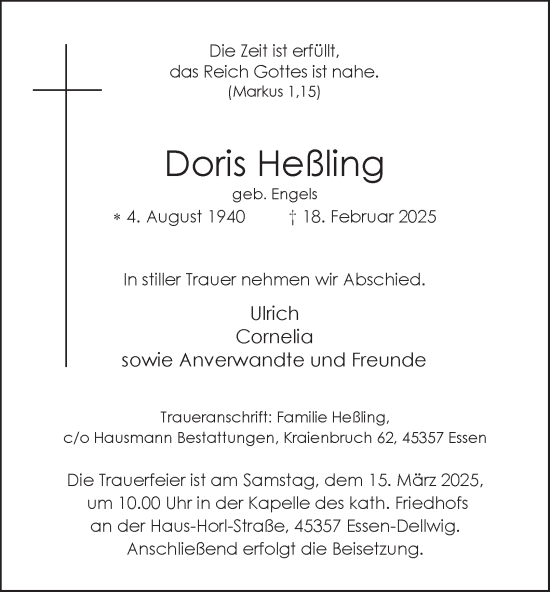 Traueranzeige von Doris Heßling von Tageszeitung