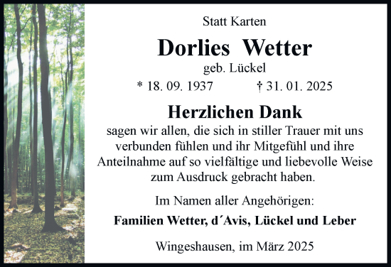 Traueranzeige von Dorlies Wetter von Tageszeitung