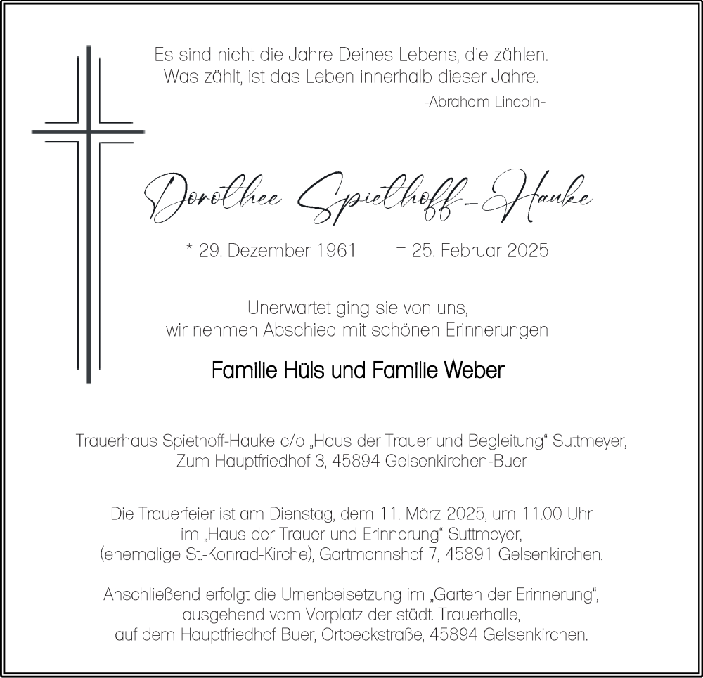  Traueranzeige für Dorothee Spiethoff-Hauke vom 08.03.2025 aus Tageszeitung