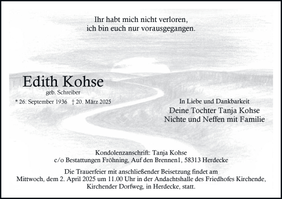Traueranzeige von Edith Kohse von Tageszeitung