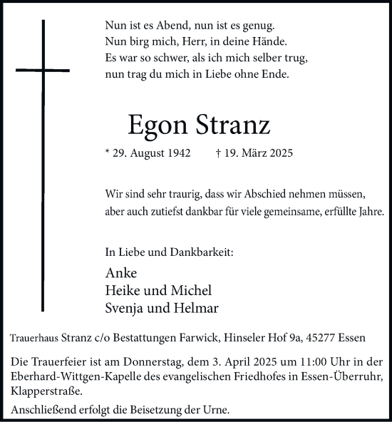 Traueranzeige von Egon Stranz von Tageszeitung