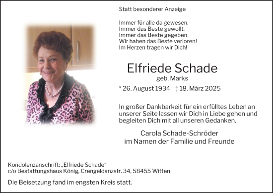 Traueranzeige von Elfriede Schade von Tageszeitung