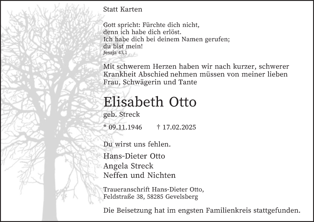  Traueranzeige für Elisabeth Otto vom 08.03.2025 aus Tageszeitung