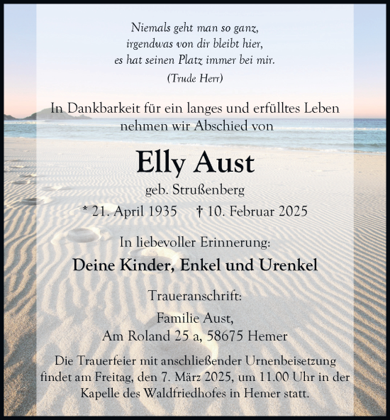Traueranzeige von Elly Aust von Tageszeitung