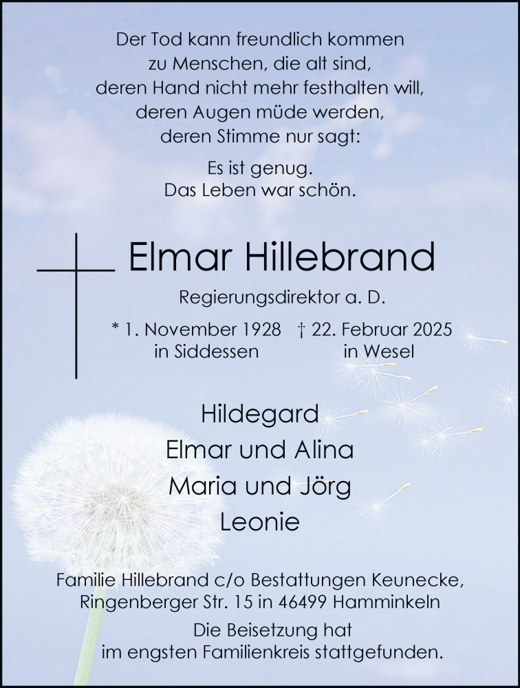  Traueranzeige für Elmar Hillebrand vom 08.03.2025 aus Tageszeitung