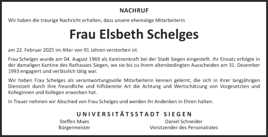 Traueranzeige von Elsbeth Schelges von Tageszeitung