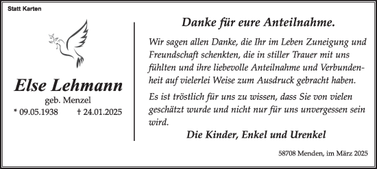 Traueranzeige von Else Lehmann von Tageszeitung