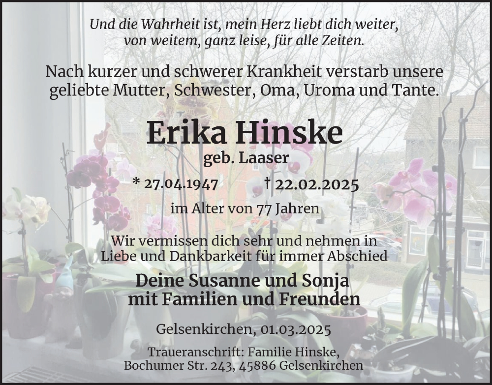  Traueranzeige für Erika Hinske vom 01.03.2025 aus Tageszeitung