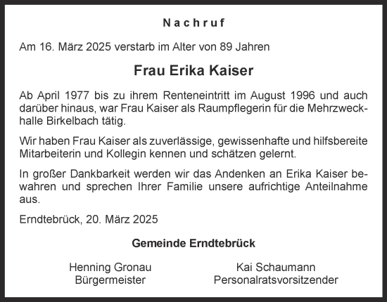 Traueranzeige von Erika Kaiser von Tageszeitung