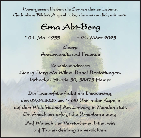 Traueranzeige von Erna Abt-Berg von Tageszeitung