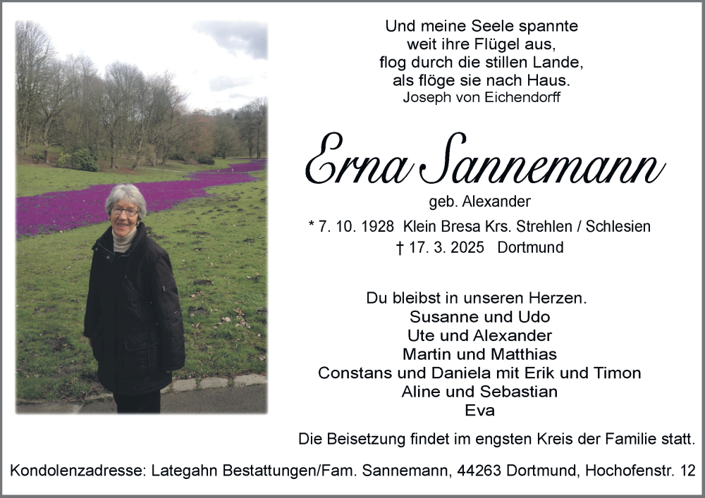  Traueranzeige für Erna Sannemann vom 22.03.2025 aus Tageszeitung