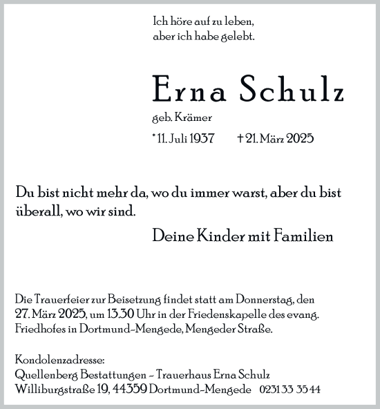 Traueranzeige von Erna Schulz von Tageszeitung