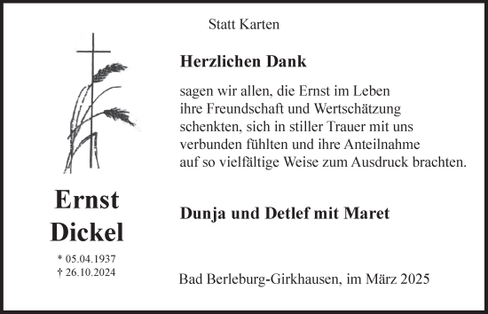 Traueranzeige von Ernst Dickel von Tageszeitung