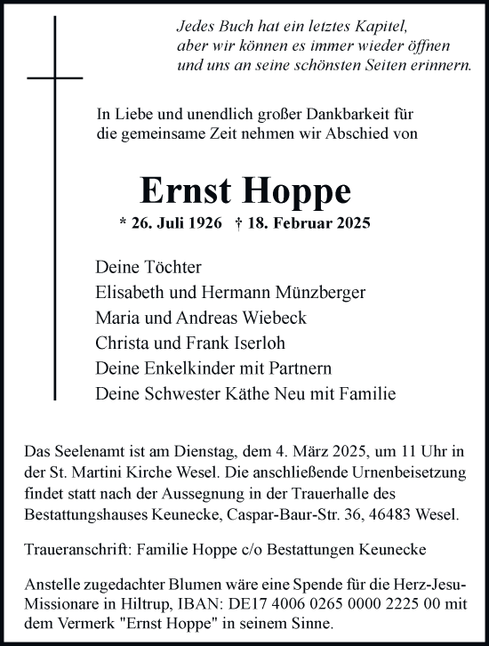 Traueranzeige von Ernst Hoppe von Tageszeitung