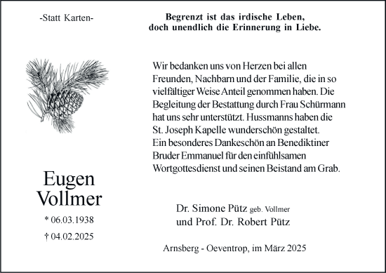 Traueranzeige von Eugen Vollmer von Tageszeitung
