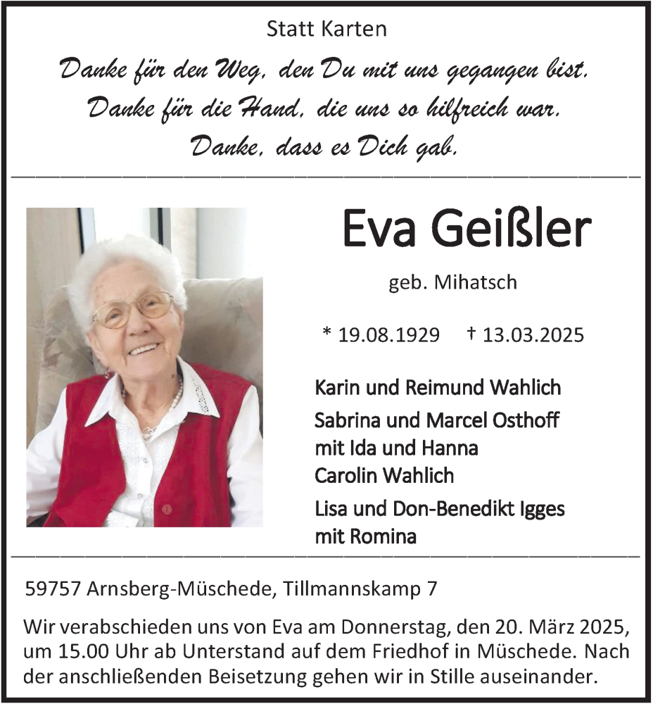  Traueranzeige für Eva Geißler vom 15.03.2025 aus Tageszeitung