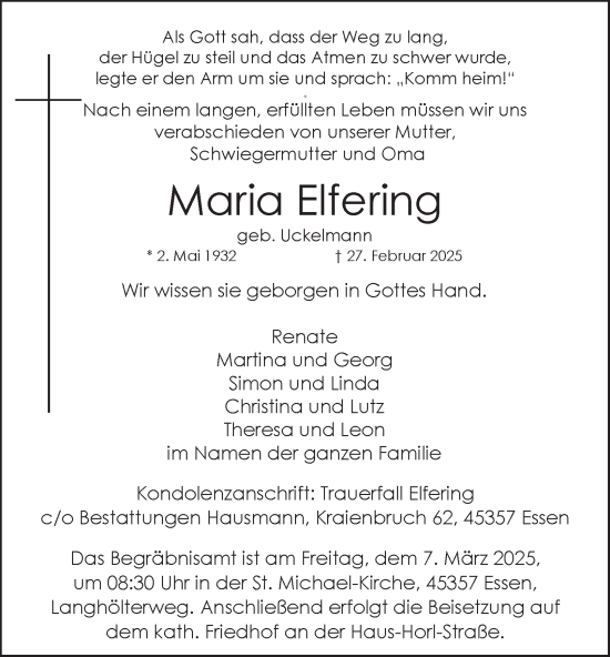 Traueranzeige von Maria Elfering von Tageszeitung