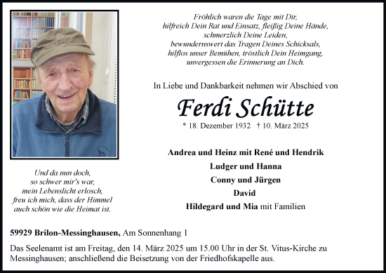 Traueranzeige von Ferdi Schütte von Tageszeitung