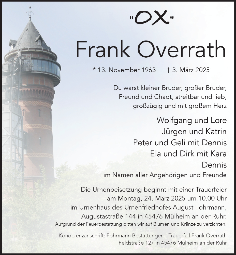  Traueranzeige für Frank Overrath vom 15.03.2025 aus Tageszeitung
