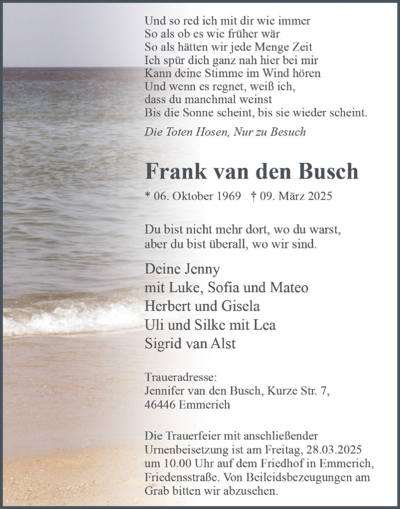  Traueranzeige für Frank van den Busch vom 22.03.2025 aus Tageszeitung
