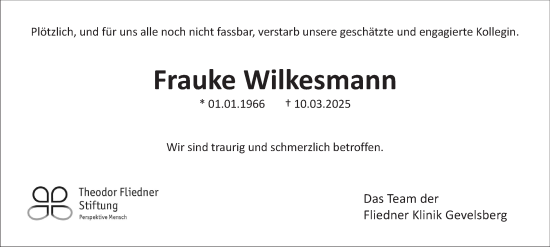 Traueranzeige von Frauke Wilkesmann von Tageszeitung