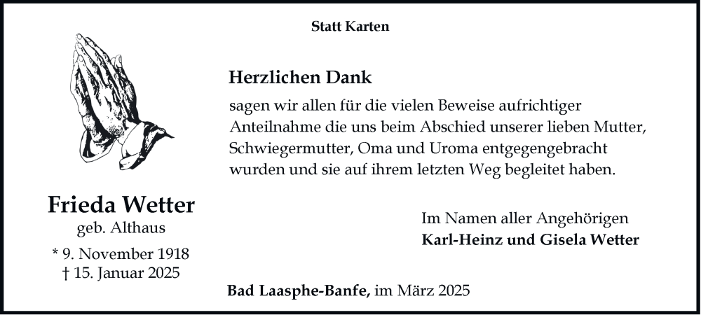  Traueranzeige für Frieda Wetter vom 01.03.2025 aus Tageszeitung