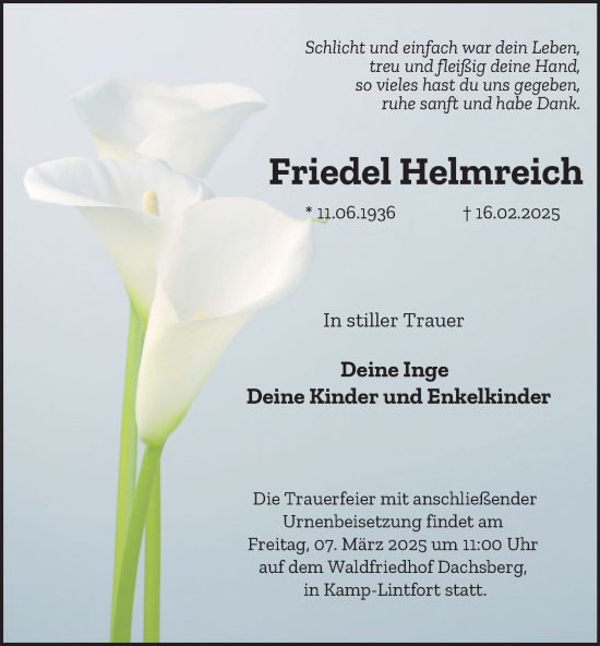 Traueranzeige von Friedel Helmreich von Tageszeitung
