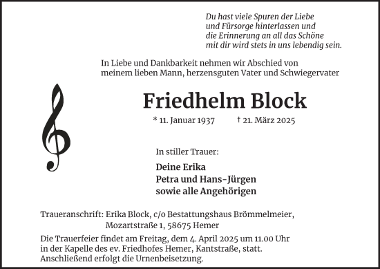 Traueranzeige von Friedhelm Block von Tageszeitung