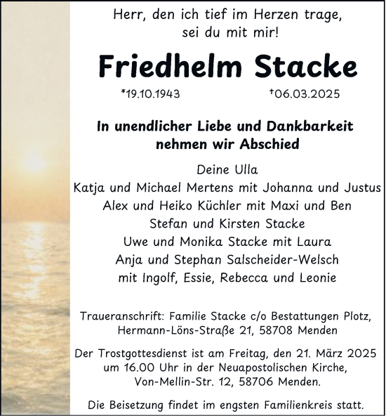 Traueranzeige von Friedhelm Stacke von Tageszeitung