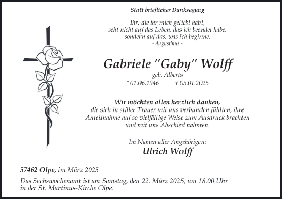 Traueranzeige von Gabriele Wolff von Tageszeitung