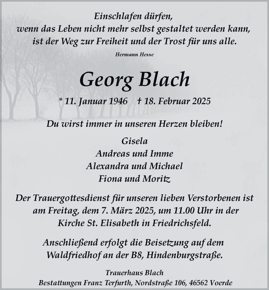  Traueranzeige für Georg Blach vom 01.03.2025 aus Tageszeitung